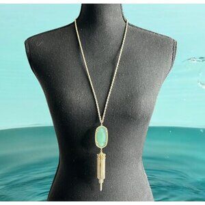Kendra Scott Rayne Long Pendant Necklace Green Stone Tassel Gold Boho Western